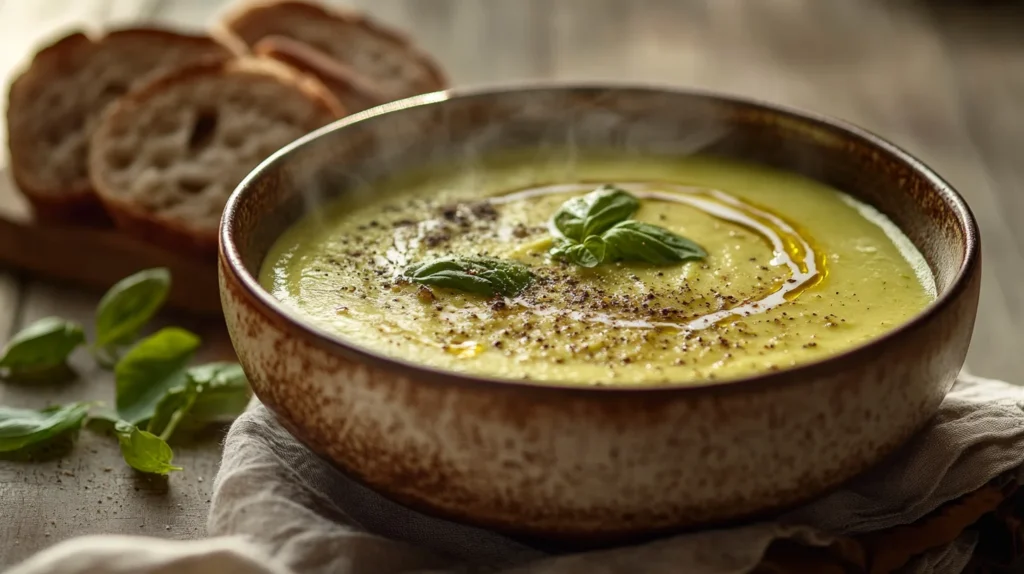 A bowl of creamy tomato soup garnished with basil