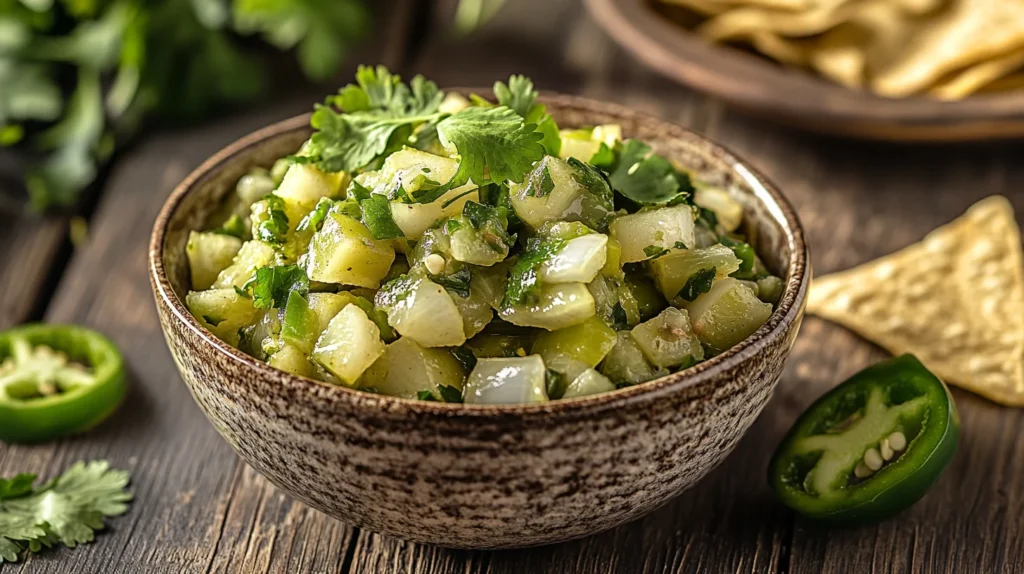 A bowl of fresh green tomato salsa verde, garnished with cilantro