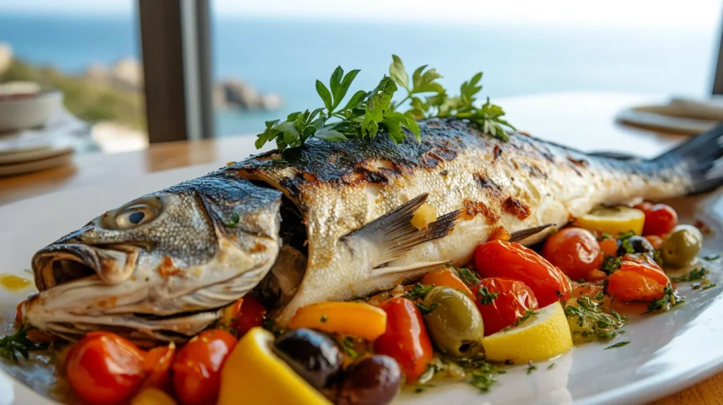 branzino recipe - A close-up of a golden whole branzino fish on a bed of roasted Mediterranean vegetables, garnished with parsley and lemon slices, with a seaside kitchen backdrop featuring rustic stoneware.