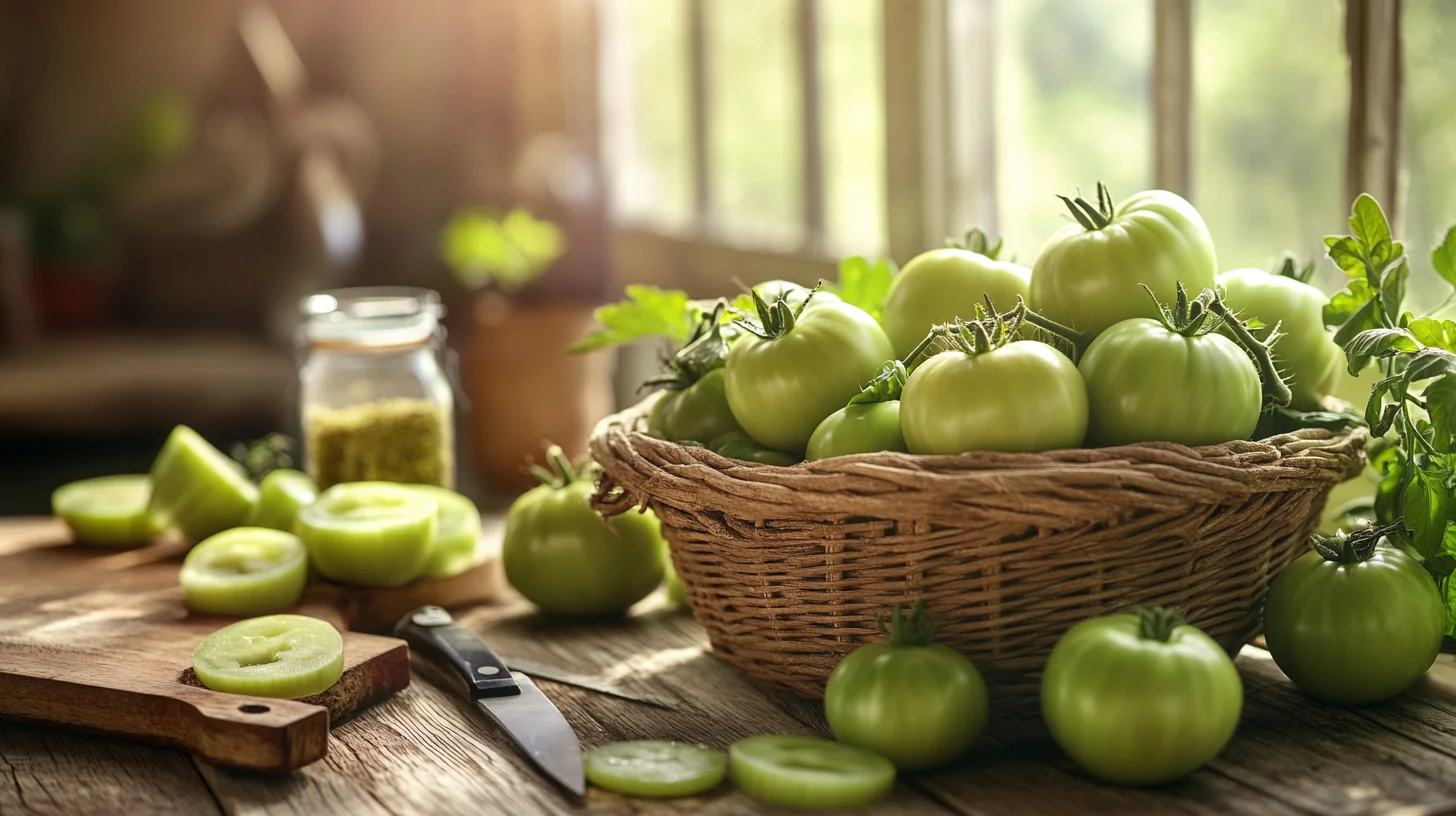 A cozy, rustic kitchen scene featuring fresh green tomatoes