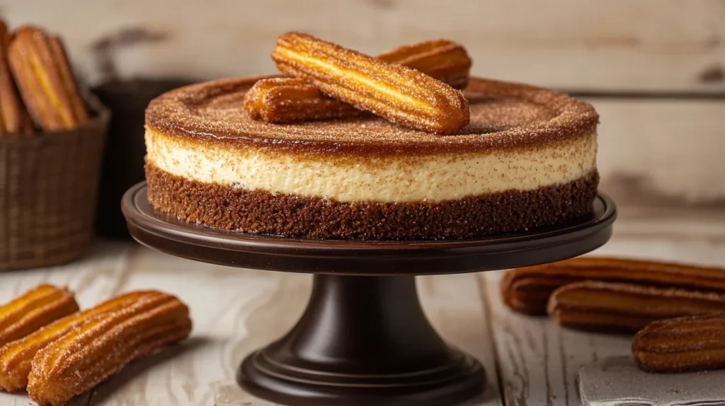 A full churro cheesecake on a cake stand, surrounded by decorative churros and a dusting of cinnamon-sugar, glistening under soft, warm lighting