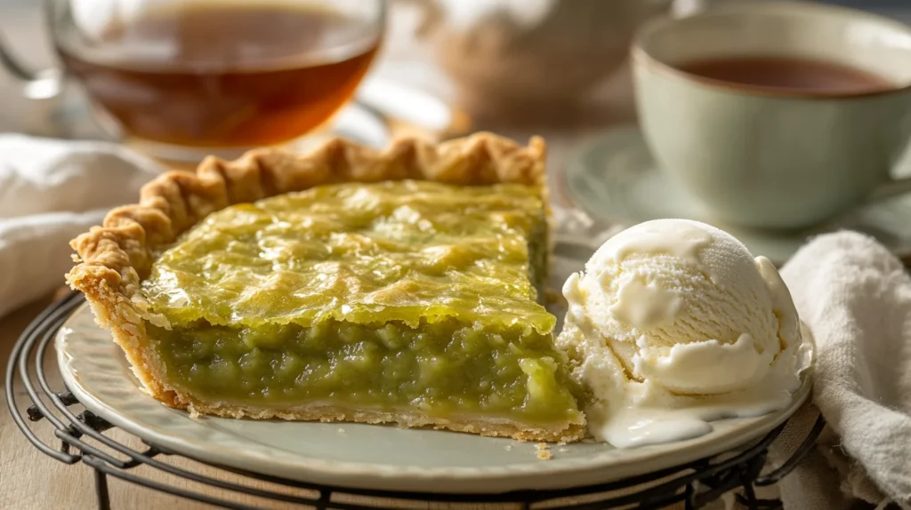 A golden green tomato pie with a flaky crust and sweet green tomato filling