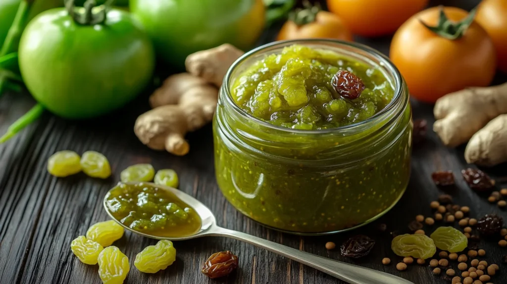 A rustic jar of homemade green tomato chutney surrounded by fresh green tomatoes, raisins