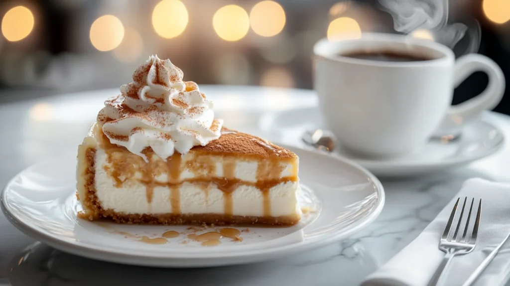 A slice of churro cheesecake on a white plate, garnished with whipped cream, caramel drizzle, and cinnamon, served alongside a steaming cup of coffee on a marble table with soft lighting