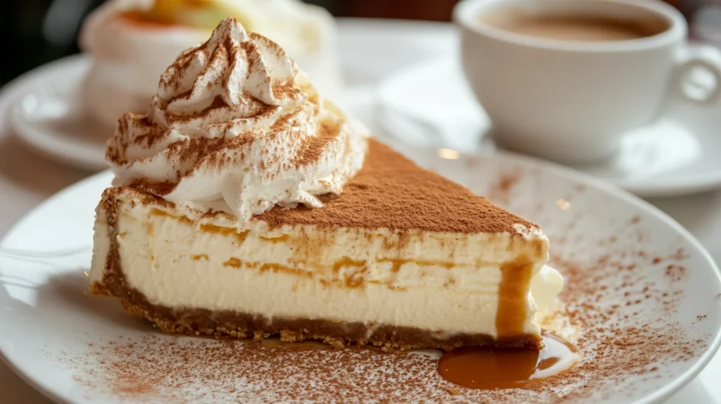 A slice of churro cheesecake served on a white plate, garnished with whipped cream, caramel drizzle, and a light dusting of cinnamon, placed next to a steaming cup of coffee