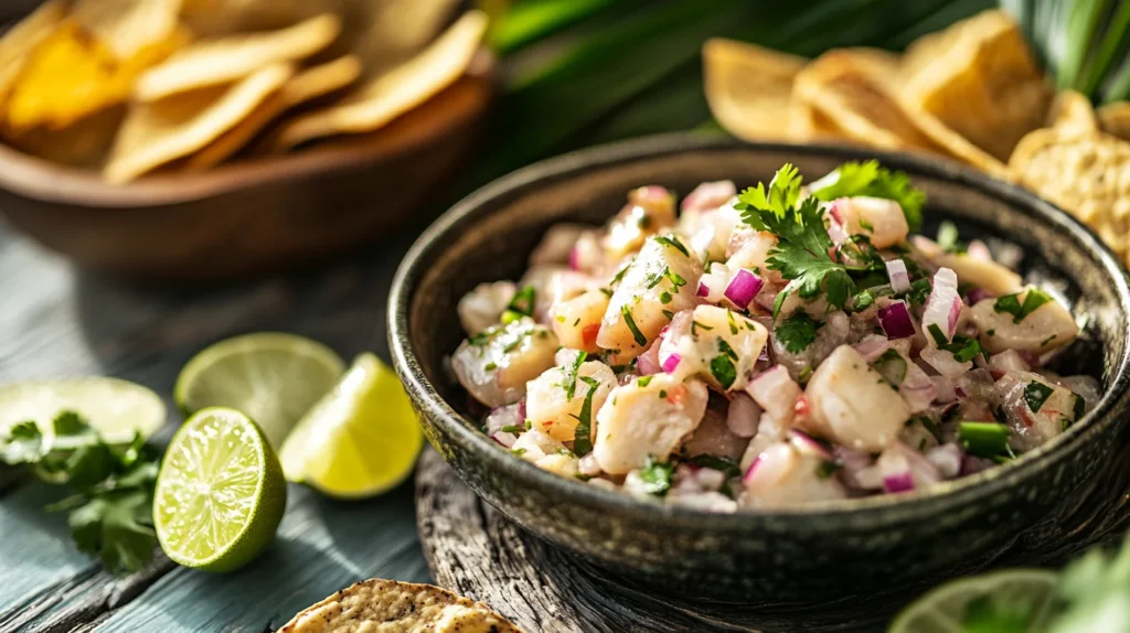 A tropical-style hearts of palm ceviche with lime, red onion, cilantro, and tortilla chips, set against a beach background.