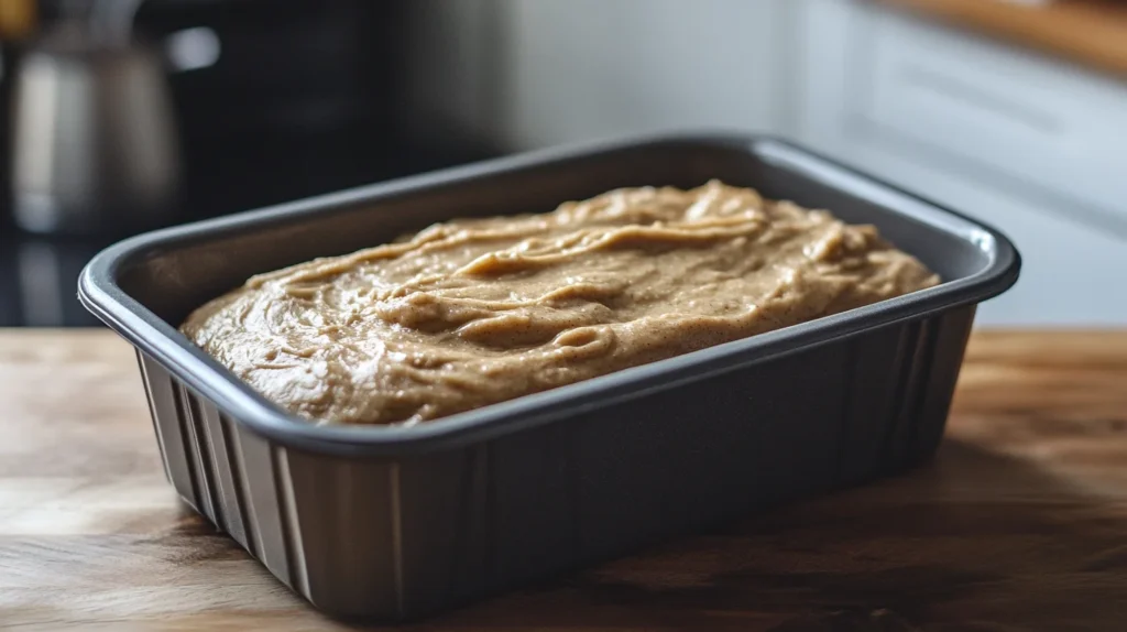 Banana bread batter in a loaf pan, prepared for baking