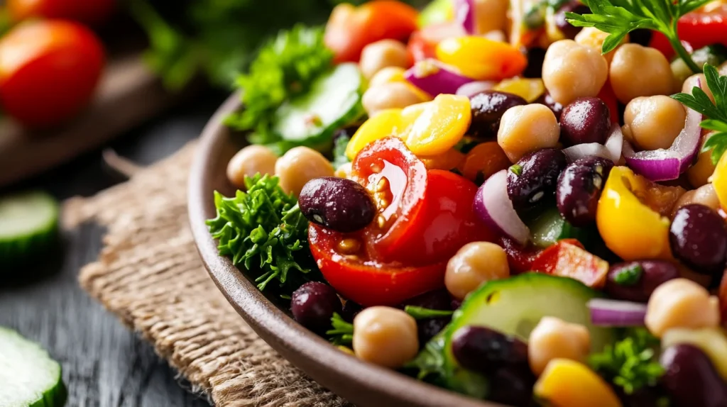 Beautifully plated dense bean salad garnished with parsley and lemon slices, served in a modern white bowl.