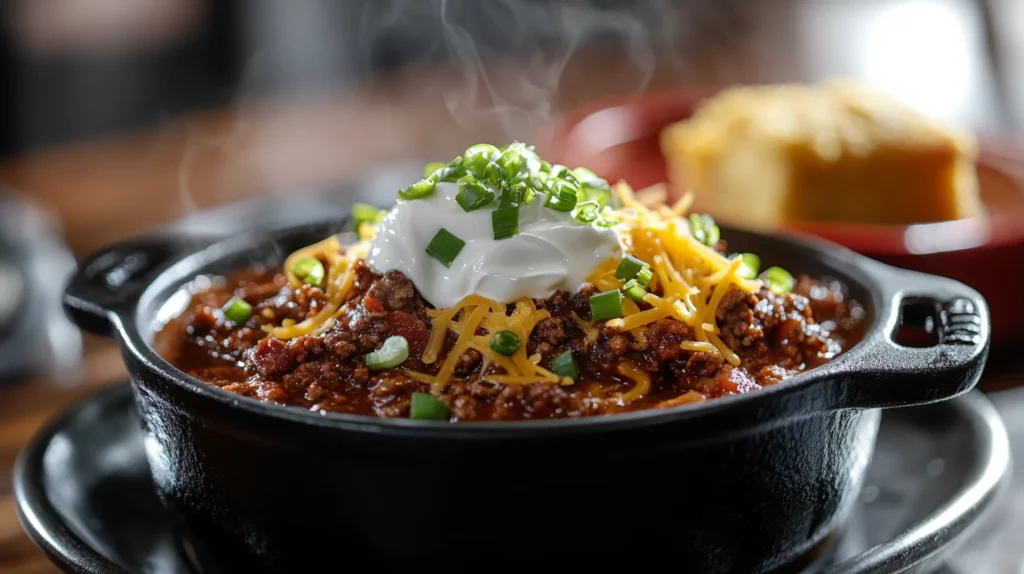 Bowl of venison chili with toppings