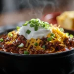 Bowl of venison chili with toppings