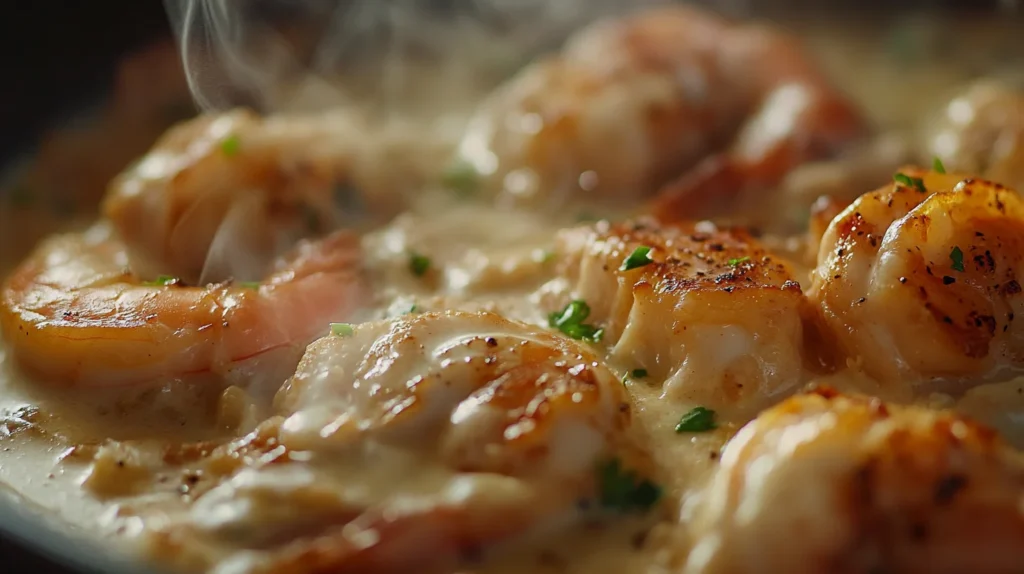 Close-up of a skillet with chicken and shrimp in a creamy garlic butter sauce, garnished with parsley and steaming hot