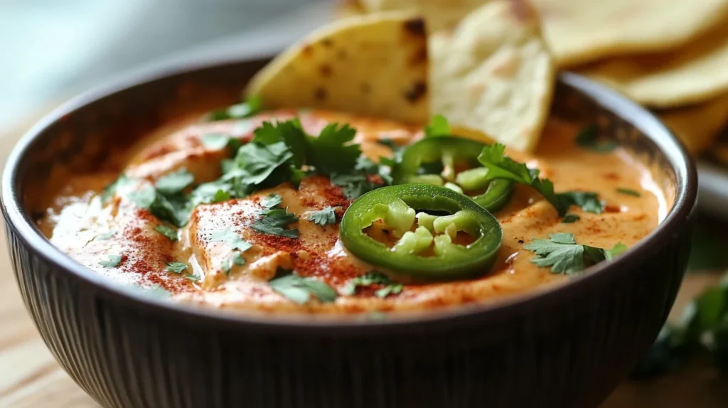 Close-up of creamy smoked queso garnished with cilantro and jalapeño slices, served with dipping chips, vibrant and appetizing