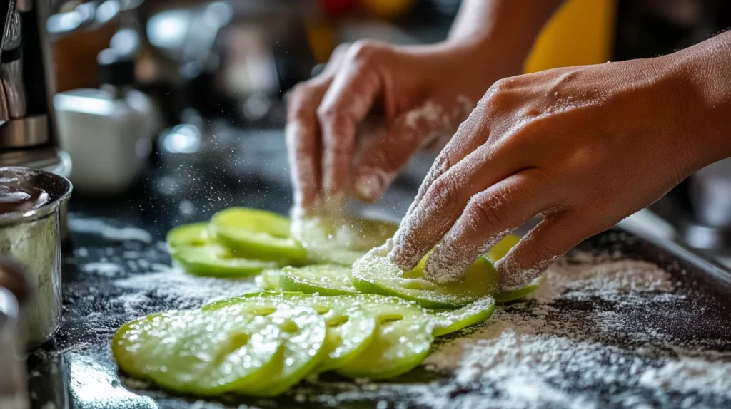 hands preparing fried green tomatoes