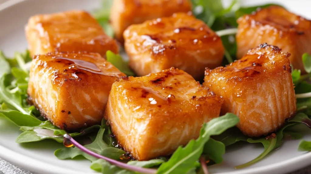 Crispy salmon bites plated with fresh greens and a light glaze