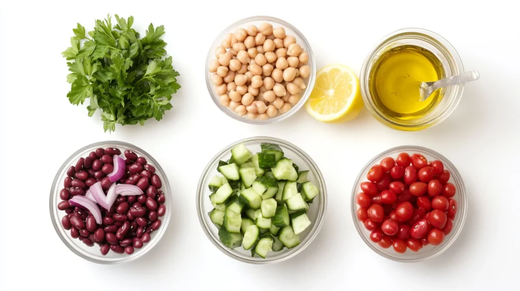 Ingredients for dense bean salad: chickpeas, black beans, kidney beans, cherry tomatoes, cucumbers, red onions, parsley, and olive oil dressing.