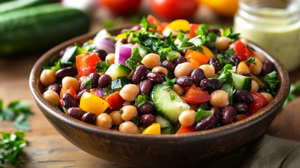 Colorful dense bean salad with chickpeas, black beans, kidney beans, cherry tomatoes, cucumbers, and parsley served in a rustic bowl.