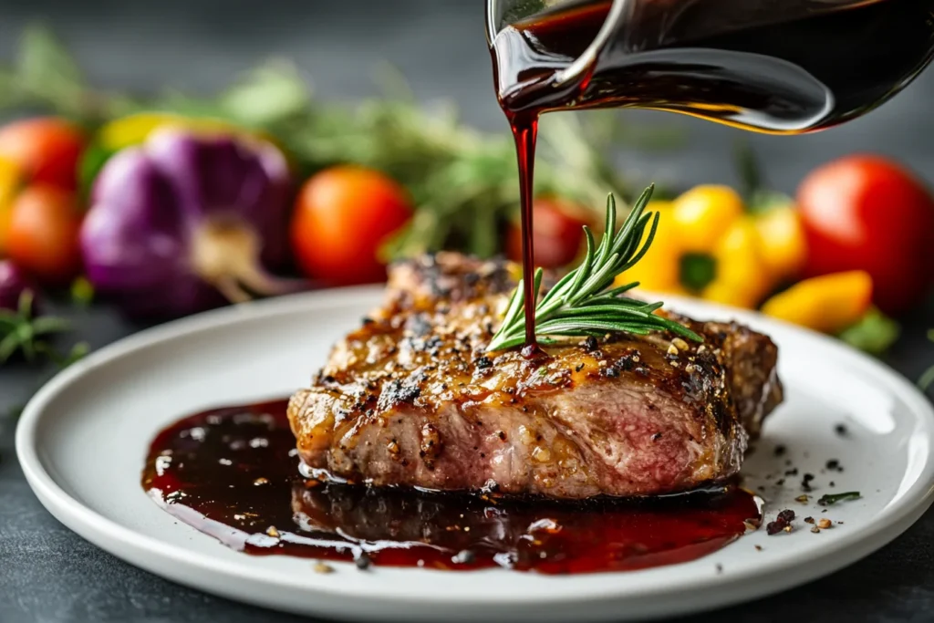 Lamb shoulder chops garnished with fresh rosemary and drizzled with red wine sauce, served on a white plate with vibrant vegetables.