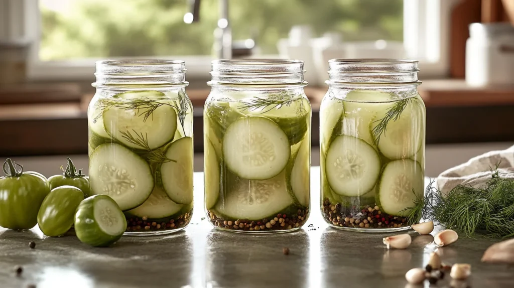 Glass jars of homemade pickled green tomatoes