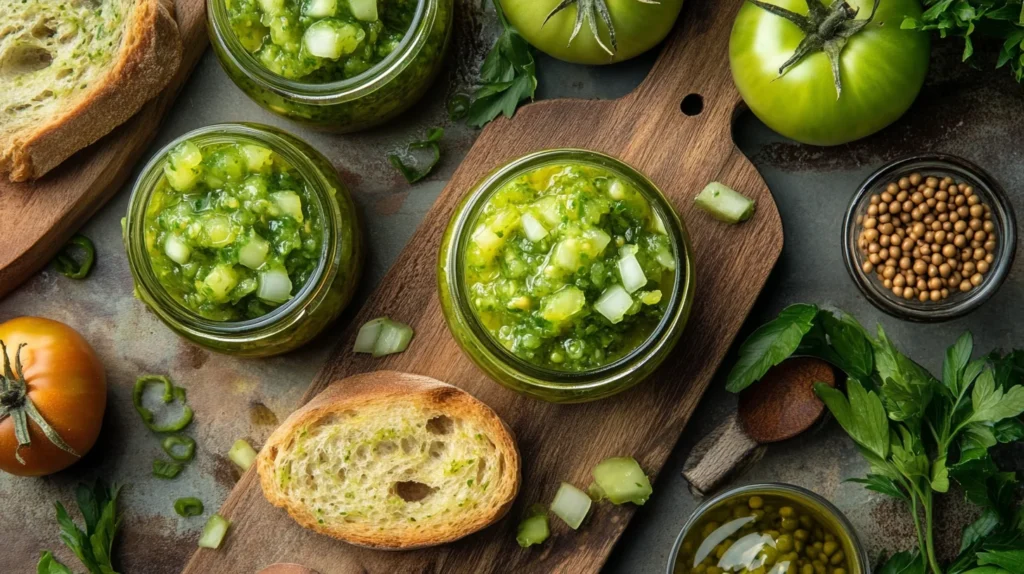 Homemade tomato relish served in glass jars with bread slices