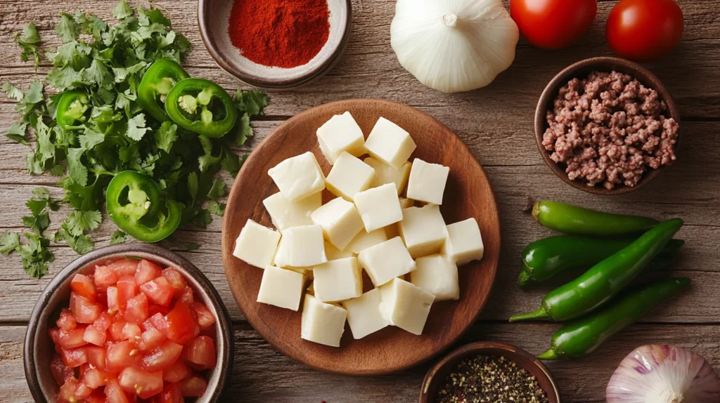 Ingredients for smoked queso recipe cheese cubes, jalapeños, diced tomatoes, ground beef, onions, and spices.