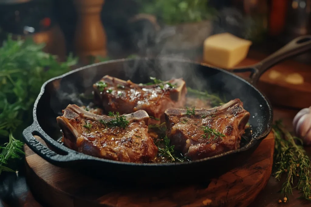 Lamb shoulder chops sizzling in a cast iron skillet with olive oil, garlic, and fresh herbs, with steam rising in a rustic kitchen setting.