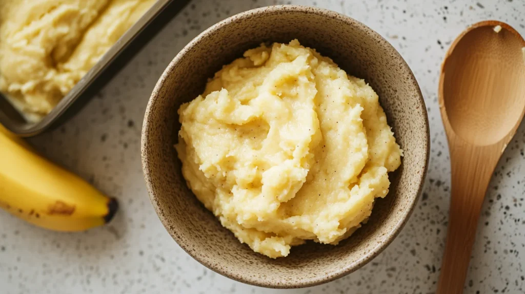 Mashed bananas in a bowl with a spoon, preparing for banana bread recipe