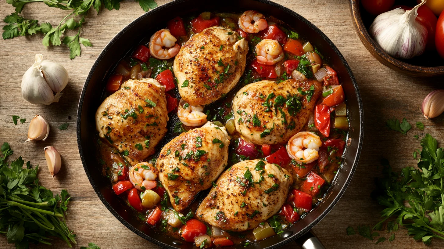 Overhead view of a skillet with golden-brown chicken and shrimp surrounded by fresh herbs and vegetables, styled on a kitchen counter