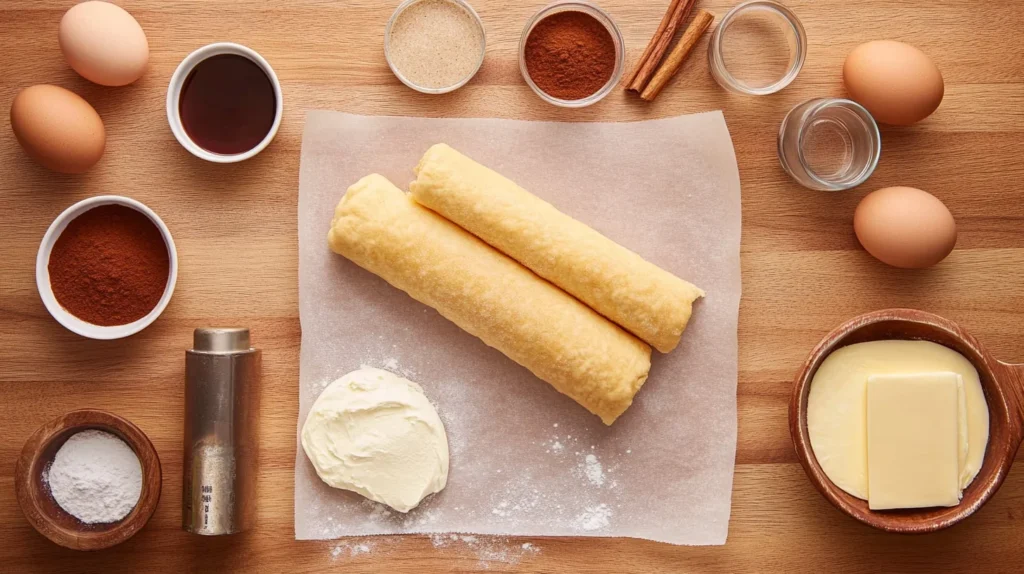 Overhead view of churro cheesecake ingredients, including cream cheese, eggs, sugar, cinnamon, and crescent dough, arranged neatly on a wooden countertop with small bowls and measuring cups