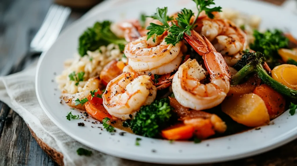 Plated dish of chicken and shrimp with steamed vegetables, garnished with fresh parsley, on a rustic wooden table