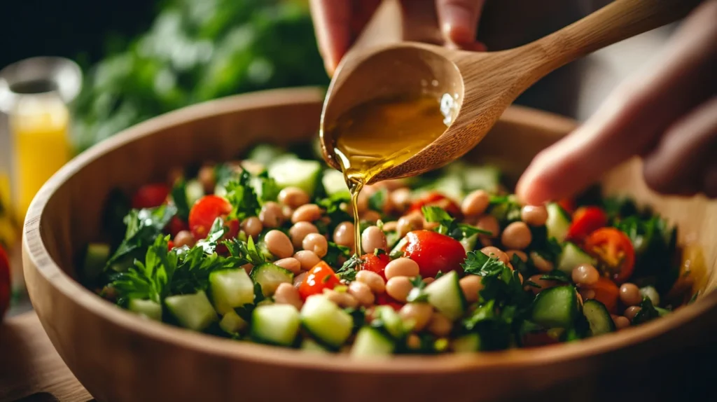 Hands pouring olive oil dressing over a bowl of dense bean salad ingredients, including beans, tomatoes, cucumbers, and herbs.