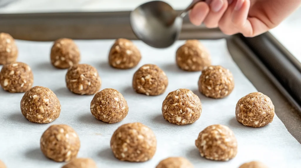 Shaped protein cookie dough balls on a parchment-lined baking sheet