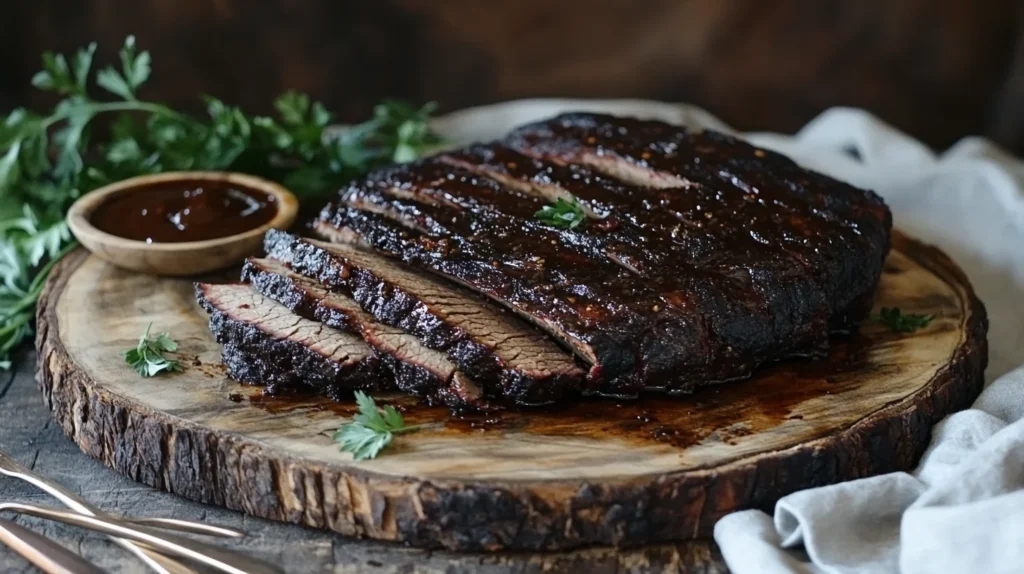 Sliced smoked brisket with juicy interior and bark