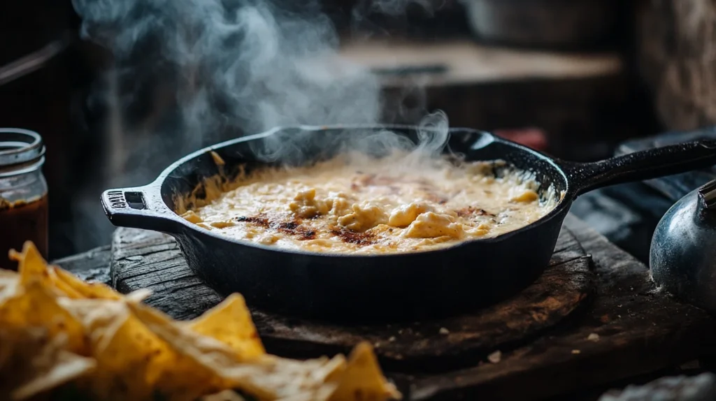 Smoked queso recipe in a cast iron skillet surrounded by tortilla chips with smoky steam rising