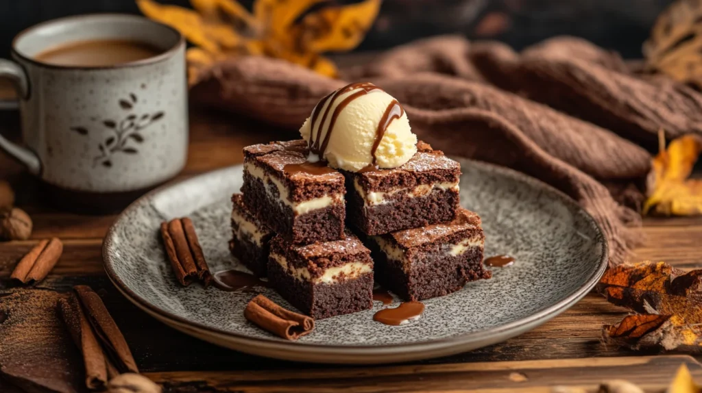 Stacked brownies served with ice cream and chocolate drizzle