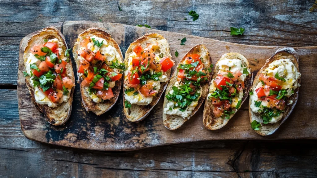 Toast topped with hearts of palm, hummus, and microgreens, arranged on a rustic wooden board