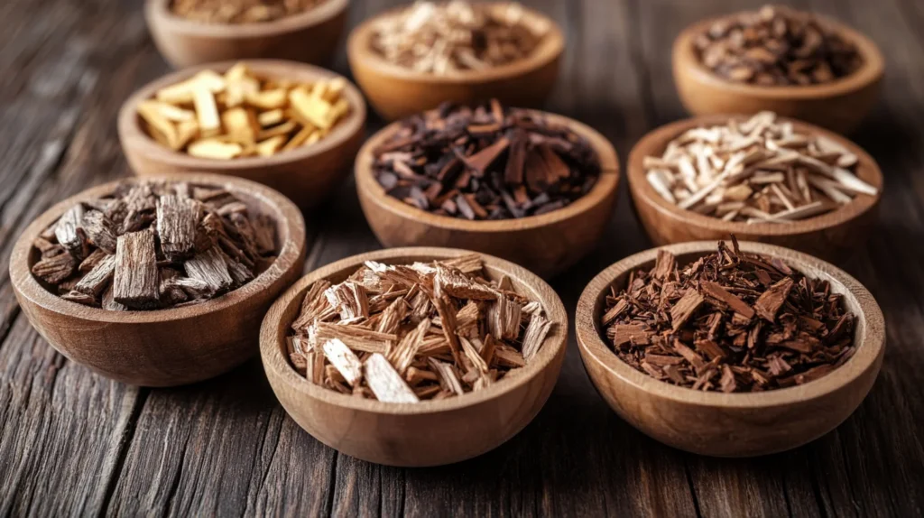 Variety of labeled wood chips in small wooden bowls