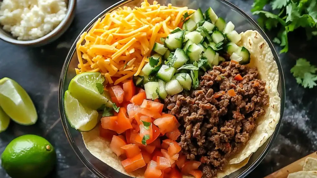  Taco bowl recipe with sliced avocado, diced tomatoes, lettuce, and grilled chicken on a wooden chopping board.