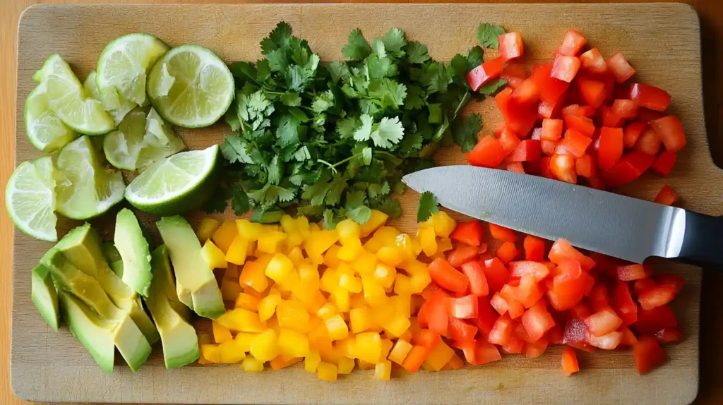 Taco bowl recipe ingredients including beef, chopped vegetables, grated cheese, and lime wedges on a kitchen countertop.