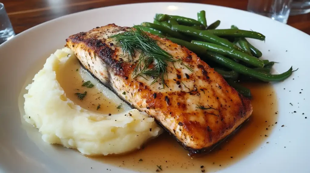 Pan-seared steelhead trout with crispy crust, mashed potatoes, green beans, and lemon dill sauce