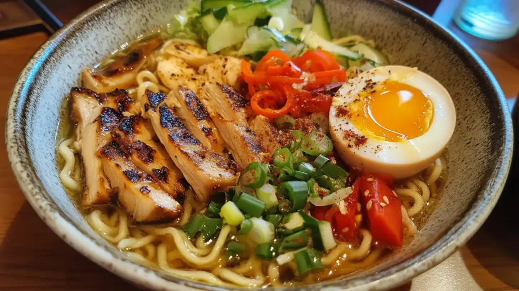 Top-down view of a bowl of chicken ramen with noodles, chicken, vegetables, and a soft-boiled egg