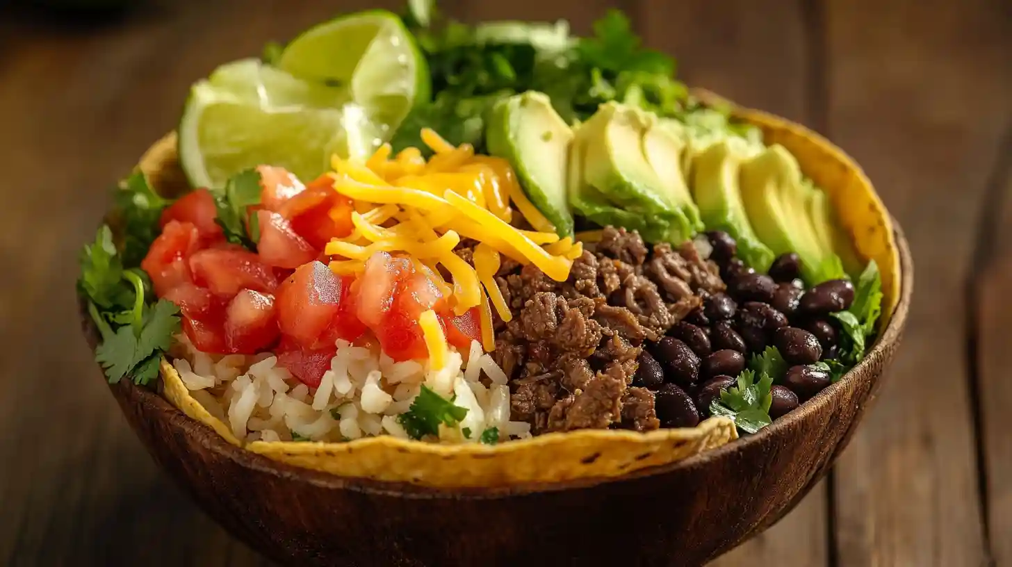 Taco bowl recipe featuring seasoned beef, rice, black beans, lettuce, and avocado on a rustic wooden table.